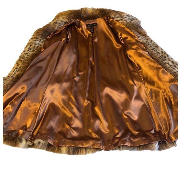 INC Leopard Faux Fur Collared Coat Flare Hem Pockets - Picture 5 of 10